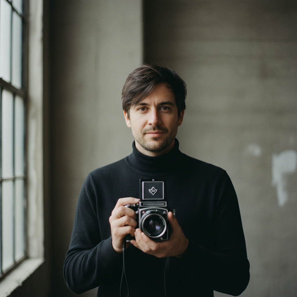 Photographer holding a medium-format camera